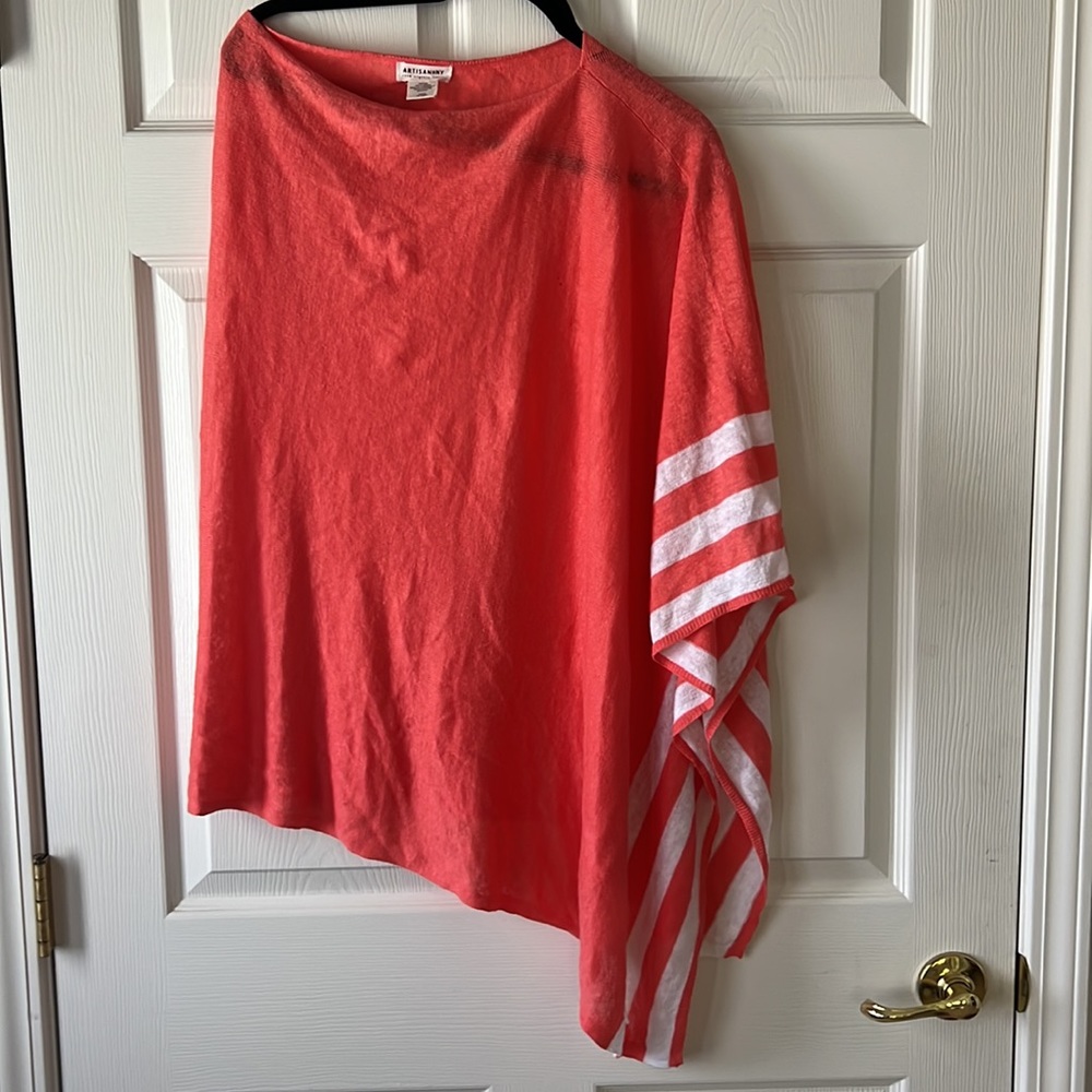 Artisan NY 100% Organic linen Coral shawl with White Stripes down side‎